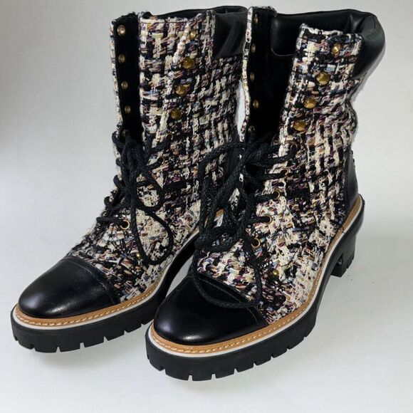 NEW Tory Burch Miller lug sole tweed boot Sz 9 lace up Moto - Picture 3 of 12